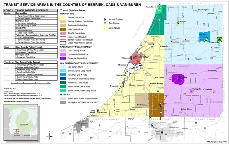 Transit service areas for Berrien, Cass, and Van Buren Counties